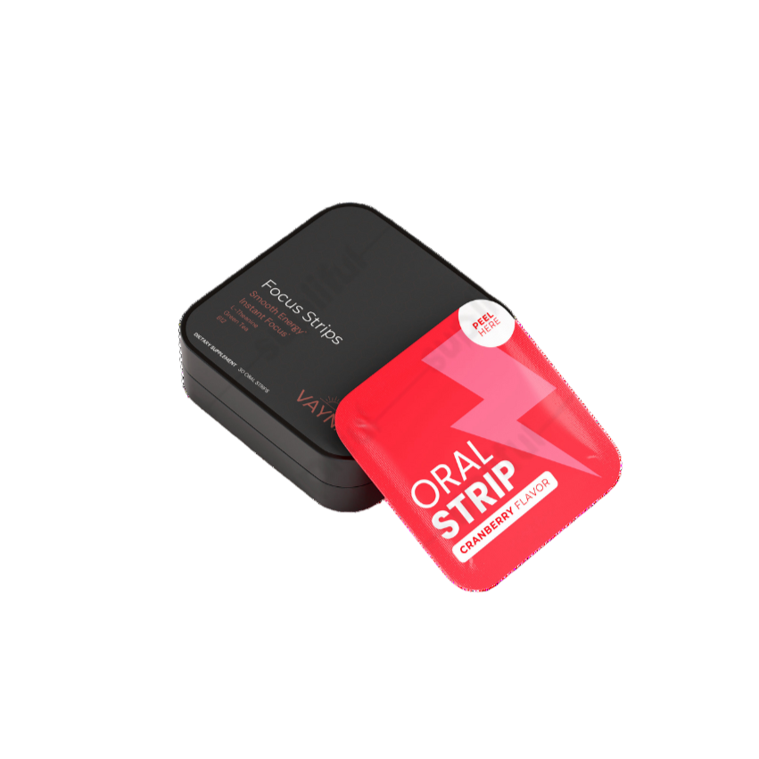 Red and black oral strip packaging on a white background