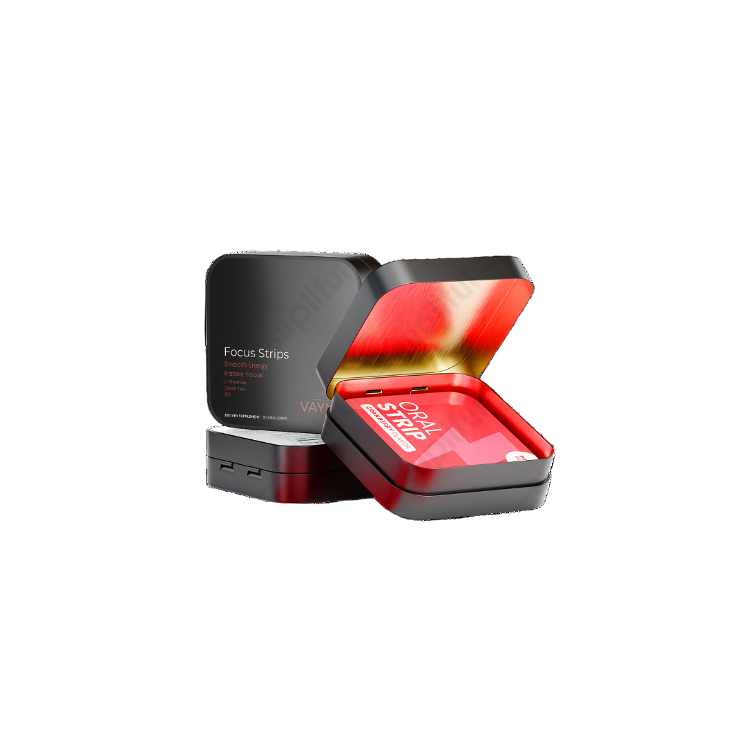 Red and black device with focus strips on a white background